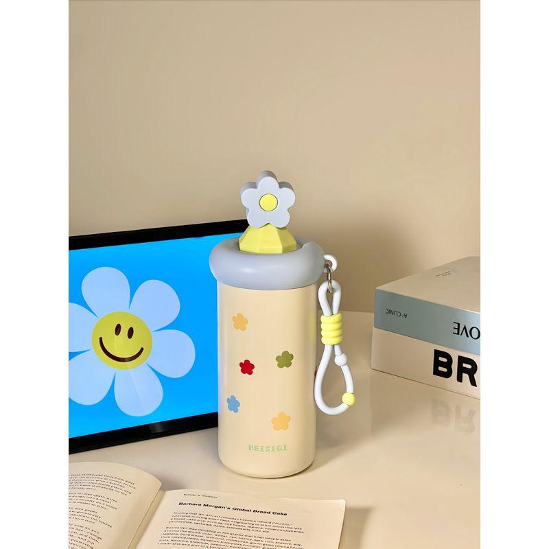 

German Canim Kalse Fresh-Style Stainless Steel Thermos Cup for Girls, Large Capacity Portable Water Bottle with Straw Blue 600ml (Free 3D Sticker + Cup Brush)