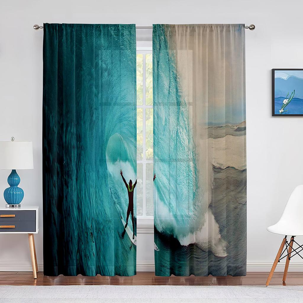 Ozeanwellen-Abenteuer Surfen Extremsport Tüllgardinen für Wohnzimmer Schlafzimmer Dekoration Transparente Voile-Fenstervorhänge Drapierungen