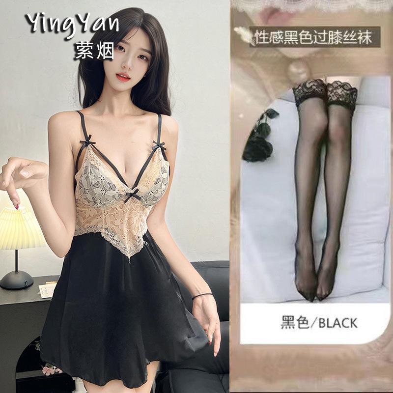 Sexy and beautiful satin splicing lace nightdress pure desire deep V backless home pajama set