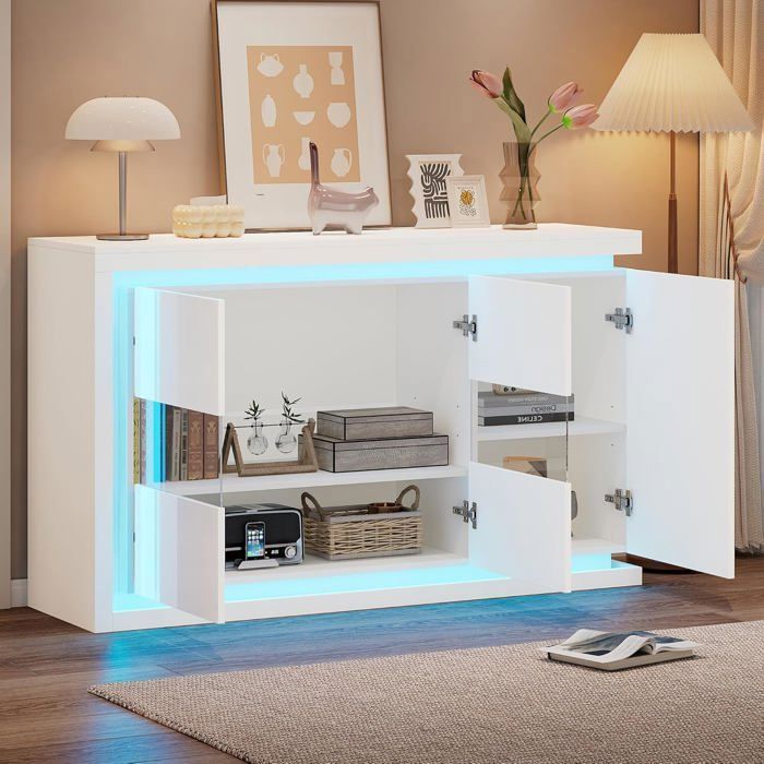Low Sideboard - LEMONBEST - 140 X 40 X 84 Cm - 3 Doors - Remote-controlled LED - Glossy White