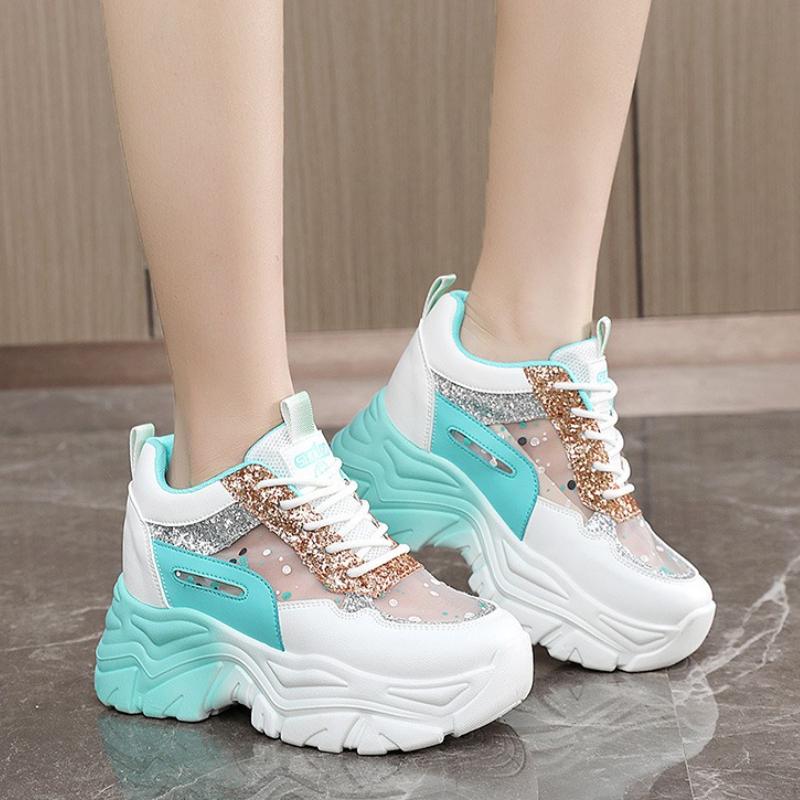 High Quality Women's Platform Shoes Summer Mesh Breathable Casual Shoe 2025 Fashion Sexy Sequin Lace-Up Sneakers Designer Brands