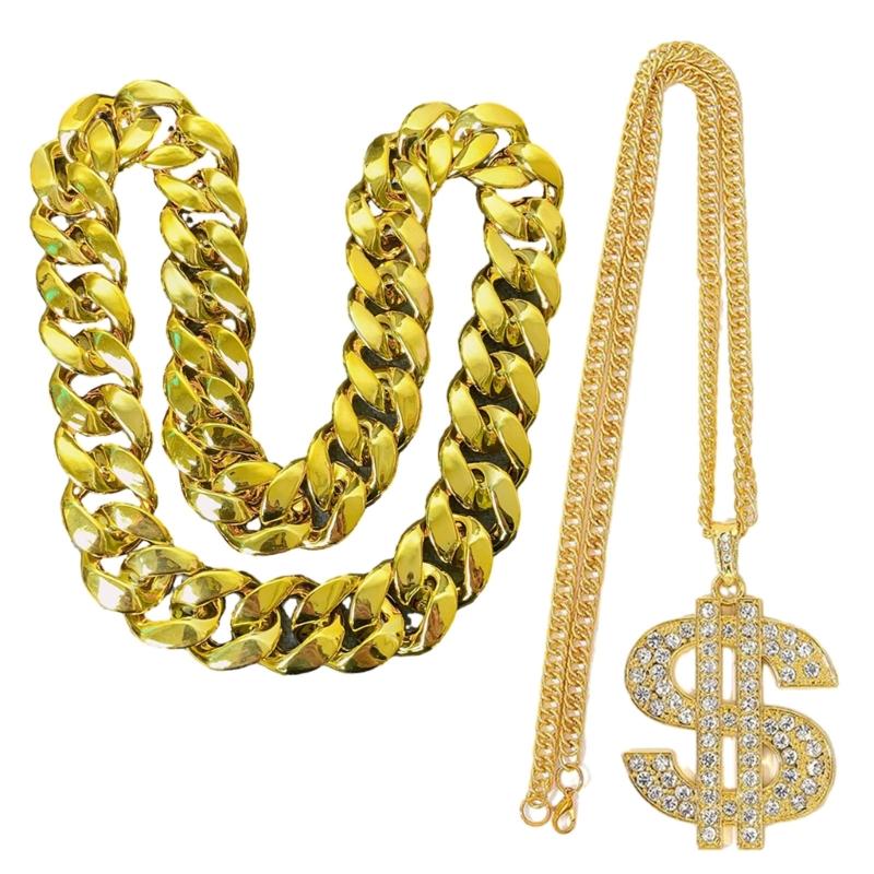 2 Pezzi Collana a Catena Dorata Stile Hip Hop Gioielli da Collo Catene da Rapper Materiale CCB Regalo Perfetto per Uomini e Donne