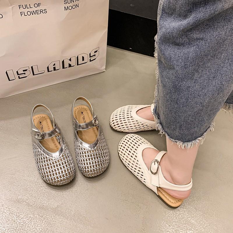 2025 Summer New Roman Sandals Women's One-button Mary Jane Perforated Breathable Woven Silver Flat Single Shoes