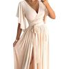 Women's V Neck Maxi Dress Short Sleeve Wrap Front High Slit Elegant Party Dress