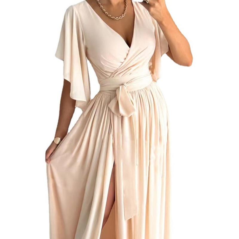 Women's V Neck Maxi Dress Short Sleeve Wrap Front High Slit Elegant Party Dress