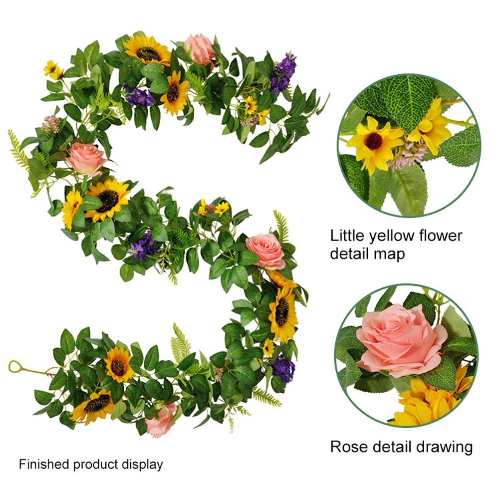 Artificial Sunflower & Rose Vine Garland Faux Greenery Wreath for Indoor Home Wall Decor