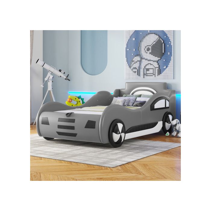 Lit enfant - MUVOE - Lit voiture - 90 x 200 cm - Avec rangement - Gris