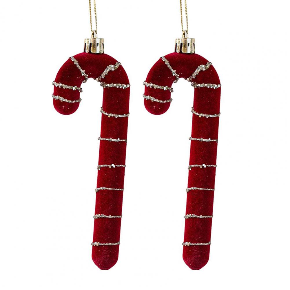 2 Pcs Velvet Christmas Ornaments Shatterproof Glitter Sequins Flocked Bell/Candy Cane/Ice Isicle Hanging Decoration for Home