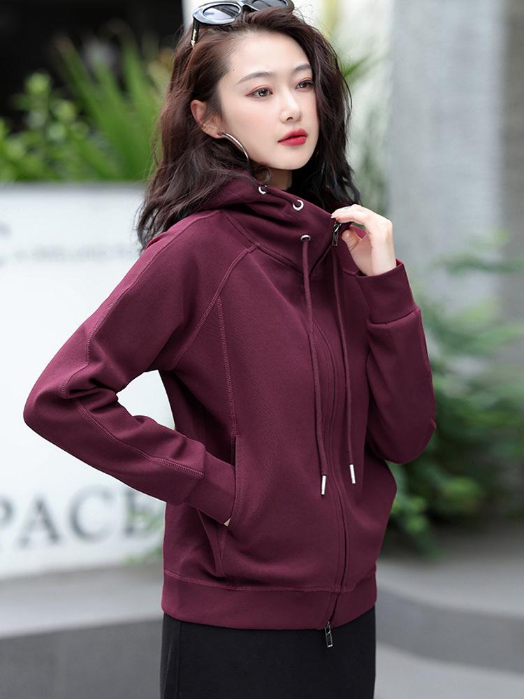 Grauer Damen-Cardigan-Hoodie mit doppeltem Reißverschluss, schwere Qualität - Sportlicher koreanischer Stil, Langarm, Frühjahr/Herbst Kollektion 2025.