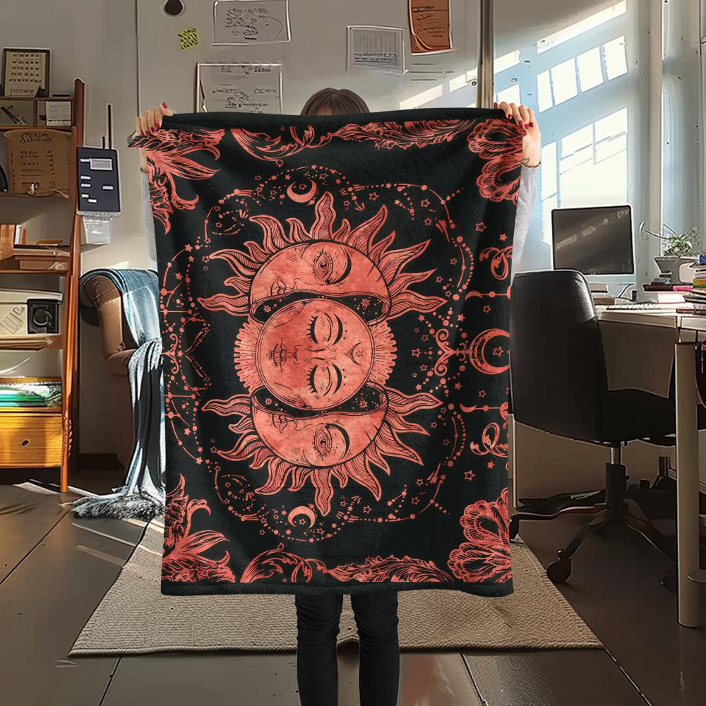 1PC Sun and Moon Print Flannel Blanket, High quality All Seasons, Home Decor, Warmth and Comfort, Perfect for Christmas Gifts