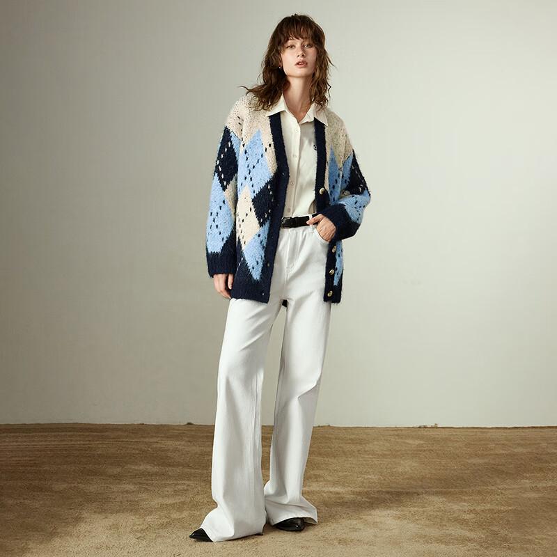 Chuyu Damen Strickjacke mit V-Ausschnitt und nordischem Farbblockmuster aus Wollmischung