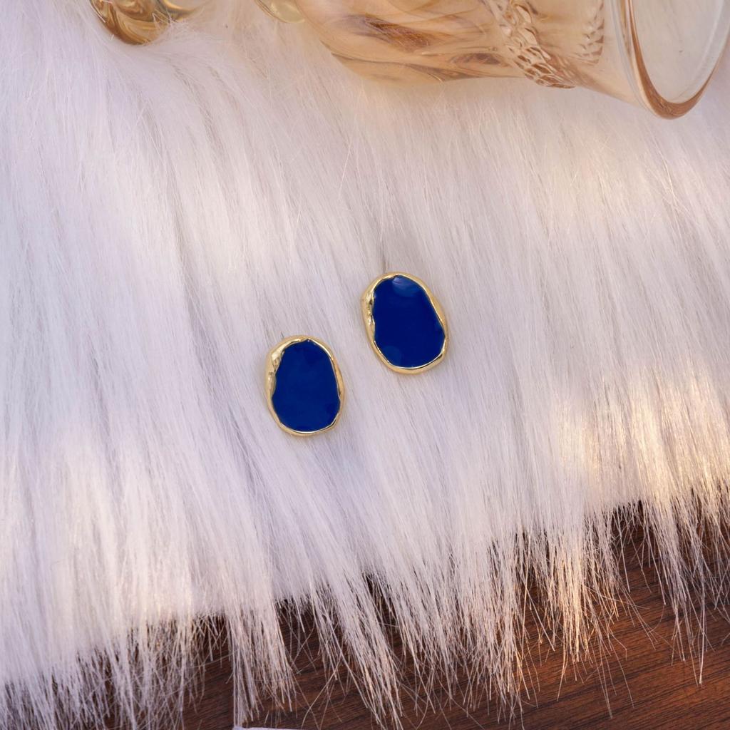 French Retro Irregular Geometric Dark Blue Oil Drop Earrings, Niche Simple Light Luxury High-End Jewelry