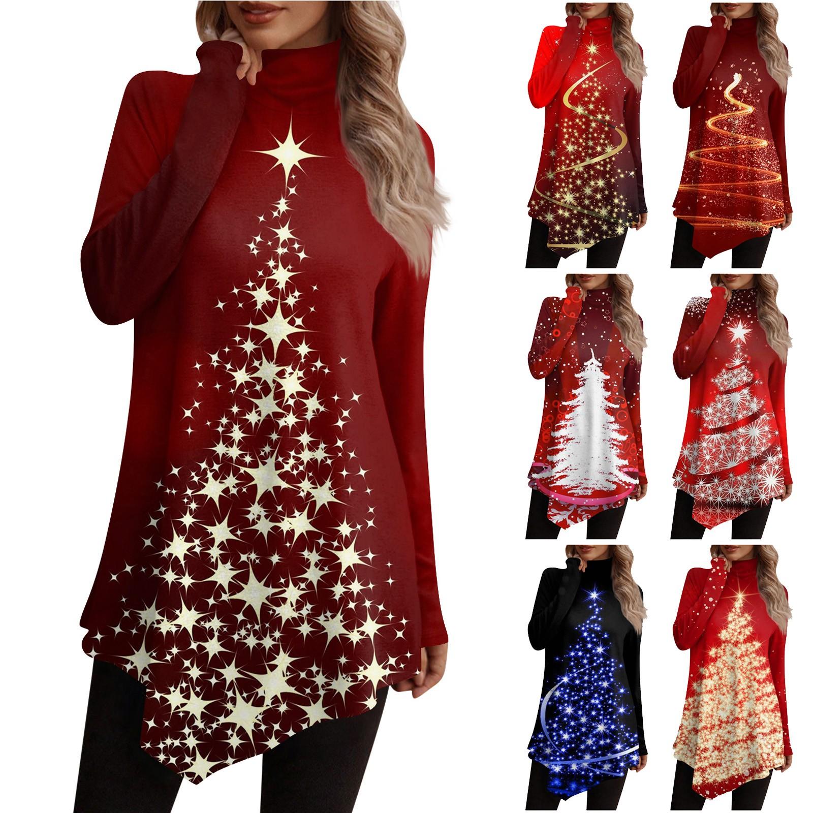 

Повседневная мода Рождественский принт Рубашка Топы Высокий ворот Неровный подол Длинный рукав Пуловер Топы L киноварь