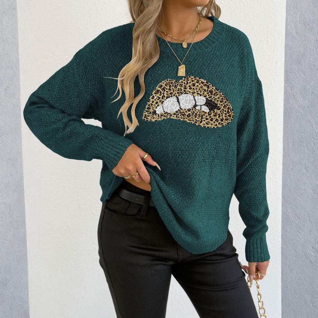 Women's Winter Leopard Embroidery Sequin Lips Round Neck Pullover