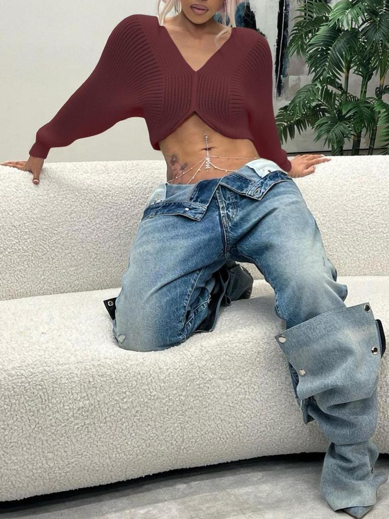 2025 European & American Fashion V-Neck Cropped Knit Sweater