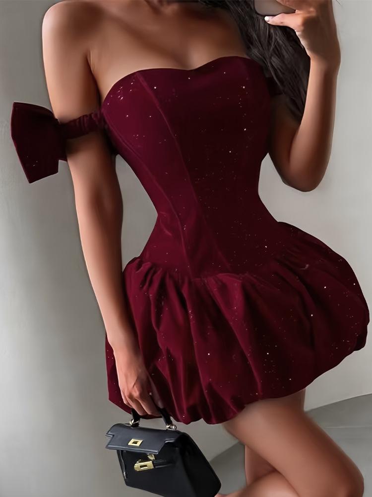 2025 One-Shoulder Strapless Dress with Bow & Sequin Waist