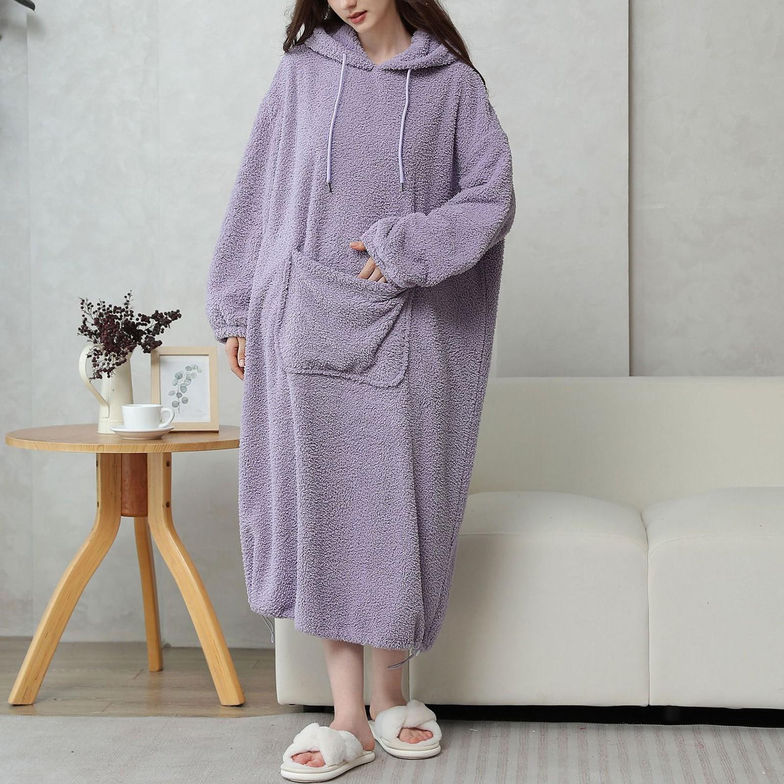 

Женская ночная рубашка из бархата Cloud Velvet на осень и зиму, пижама с капюшоном, ночная рубашка из рисового зерна, удобная и теплая домашняя одежда One Size фиолетовый