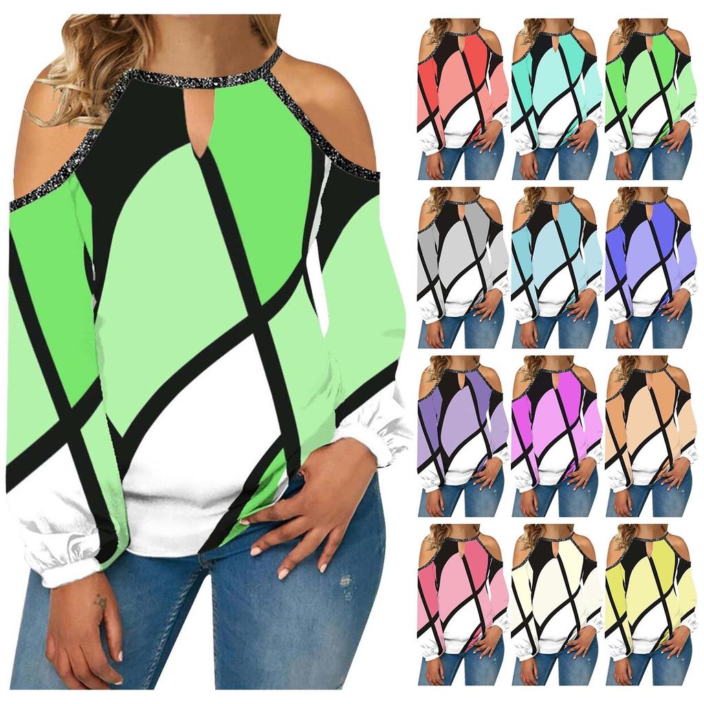 Women's Fashion Casual Temperament Round Neck Off-shoulder Irregular Color Long Sleeve T-shirt Top