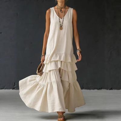 Women's Sleeveless Dress V-neck Cascading Ruffles Spring Fashion Casual New Solid Color Loose Wide Hem Long Dress