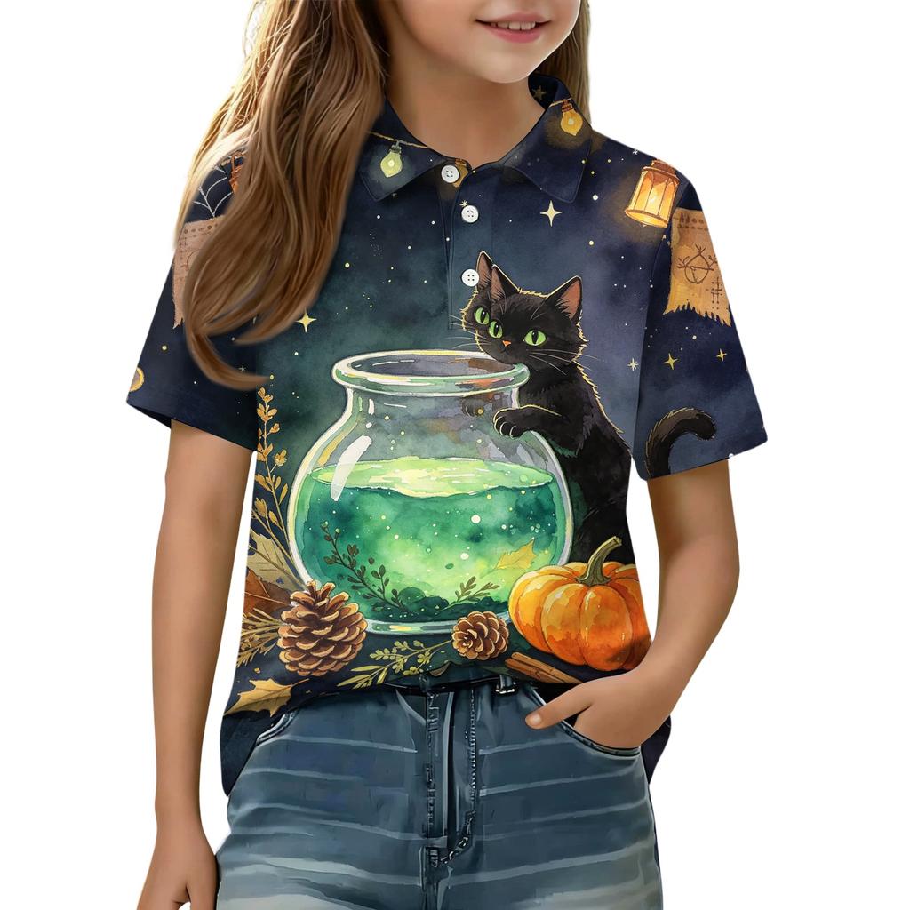 Kids Halloween Print Polo Shirt Short Sleeve Casual Top with Button Collar for Boys and Girls Comfortable Fit Lightweight Fabric