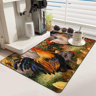 1Pcs Rooster Dish Drying Pad, Machine Countertop Absorbent Pad, Farmhouse Rustic Washstand Drain Mat, Soft Faucet Absorbent Mat, Washstand Cup Mat