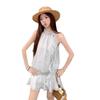 Three-dimensional Flower Neck Dress Women's Summer French Slim Polka Dot Skirt Sweet Waist and Thin a Word Short Skirt