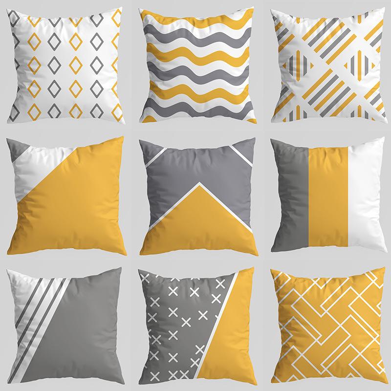 Geometric Pillowcase, Yellow and Gray Geometric Peach Skin Velvet Printed Pillow Cushion Cover, Sofa Car Backrest