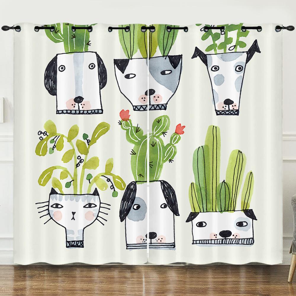 Curtains Fresh Green Plants Hand-Painted Cactus 3D Digital Printing Blackout Curtain Punching
