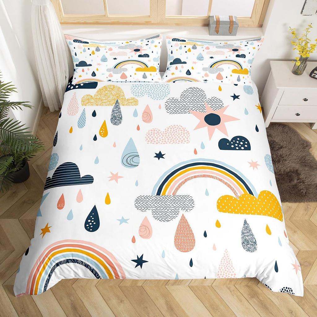 Kids Cartoon Rainbow Duvet Cover Twin Queen Cute Butterfly Flower Leaves Bedding Set for Girl Boys Dream Catcher Comforter Cover