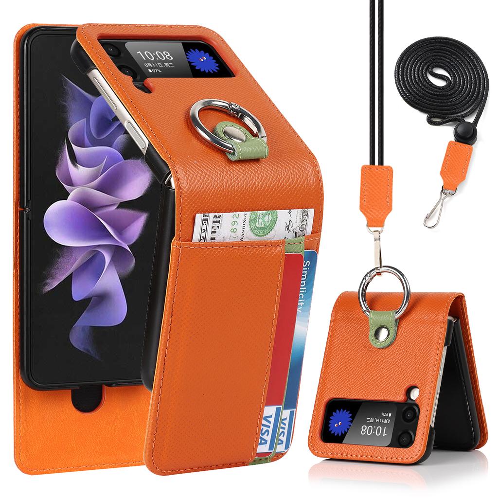Ring Holder Genuine Leather Wallet Phone Case for Samsung Z Flip 4 3 5G Card Solt Crossbody Lanyard Shockproof Flip4 Flip3 Cover