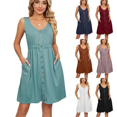 2023 European & American Solid Color Sleeveless Button Pocket Dress