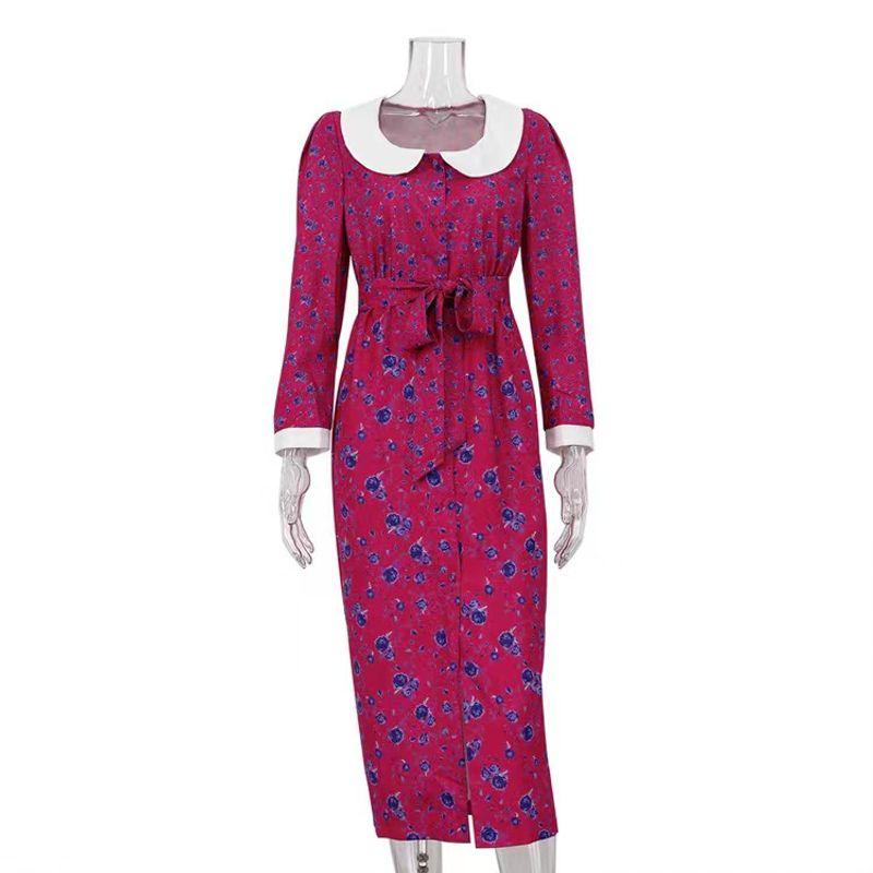 

Fashion Style Elegant Printed 3/4 Sleeves Lapel Split Waist Fitted Dress Printed Waist up Dress Pink L