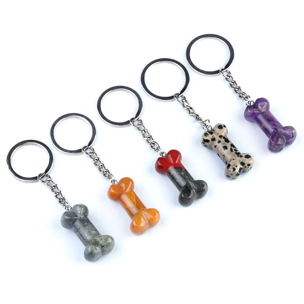 1Pc Reiki Healing Natural Stone Keychain Key Finder Bone Shape Crystal Gemstone Pendant Key Chain for Decor Phones, Bag, Halloween Gifts 20×34 Mm