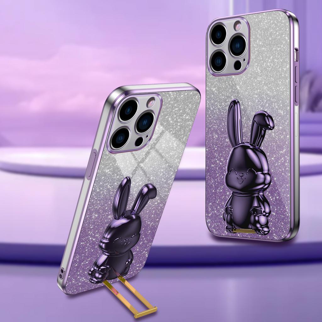 For iPhone 15 Pro Max Back Case Cute Rabbit Electroplating Phone Cover with Kickstand