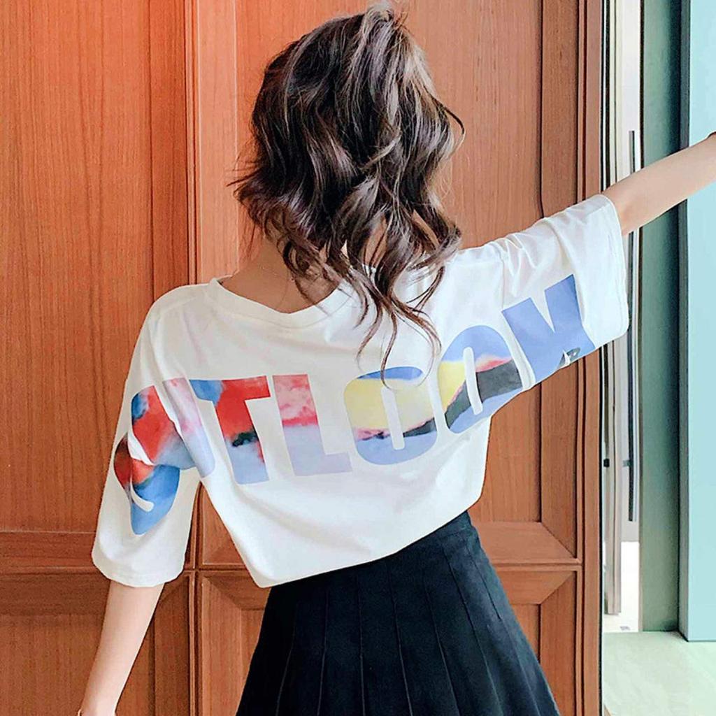 loose short back for long long cut and quick white [Bubu Ohana] T-shirt, fitting, casual, sleeves, print, women, spring, summer, autumn, winter,