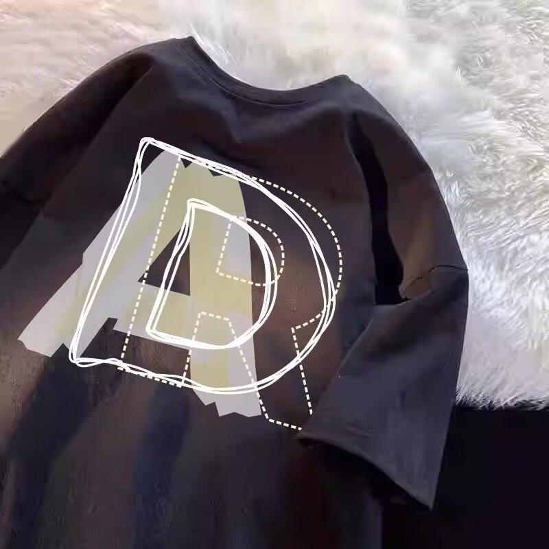 

Большой размер Повседневный пуловер с круглым вырезом и принтом Топ с коротким рукавом Летняя домашняя мужская свободная повседневная футболка Топы M чёрный