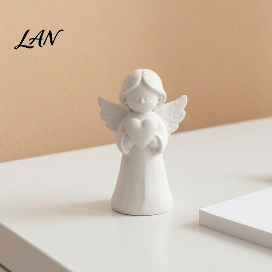 Modern Cream Style Home Accessory 3D Printed Angel Heart Statue, White Resin Praying Figurine for Small Decorative Statue Table Living Room