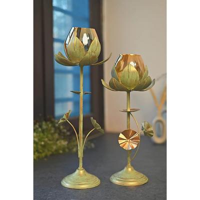 Portavelas de Loto con 2 Cristales | Artículos Decorativos para Mesa de Comedor | Regalos de Inauguración para Nuevo Hogar | Artículos de Decoración para el Hogar (Oro Verde)