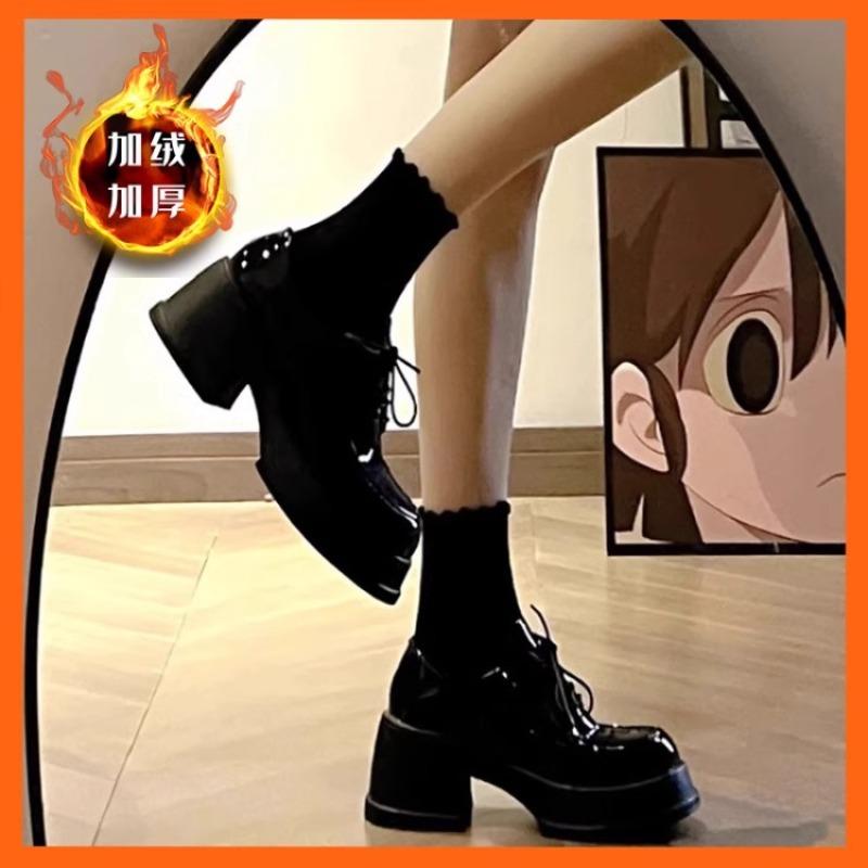 

2 Autumn and winter velvet black platform small leather shoes women s heightened thick heel Mary Jane shoes muffin high heel 40