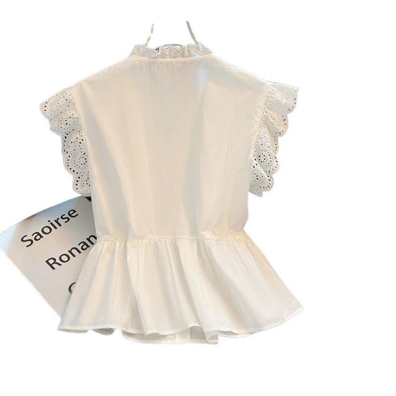 Fashion Flying Sleeve White Shirts Vintage Sleeveless Ruffled Lace Blouse for Woman Woman Elegant Casual Sweet Tops