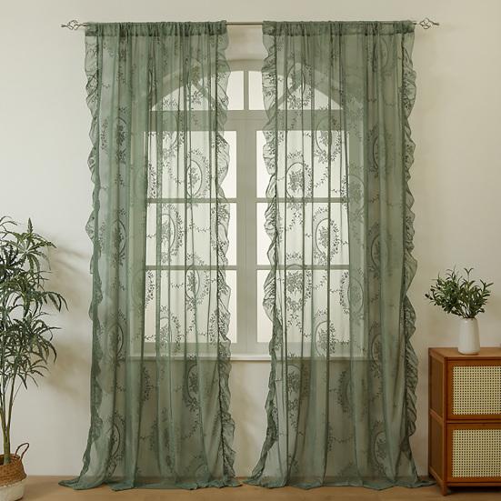 Volantvorhänge, Französischer Pastorale Spitzen-Gardine, Lichtfilternde Fenstergardine, 2-in-1 Doppelnutzung Kurzer Vorhang für Wohnzimmer Schlafzimmer Balkon Erker