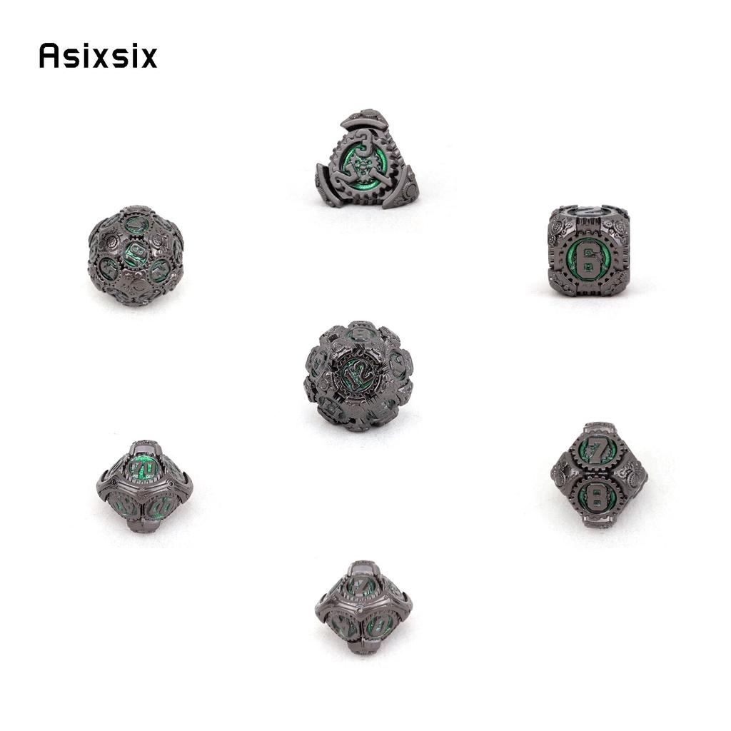 7 Pcs Green Black Gear Wheel Metal Dice Solid Metal Polyhedral Dice Set Suitable for Role-Playing RPG  Board Game Card Game
