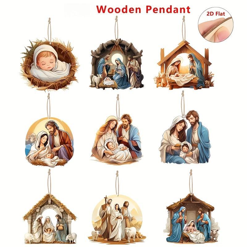 

9/18/27pcs Wooden Christmas Nativity Pendant Christmas Tree Decoration Hanging Painted Pendant Flat Shape Thatched Hut 9pcs