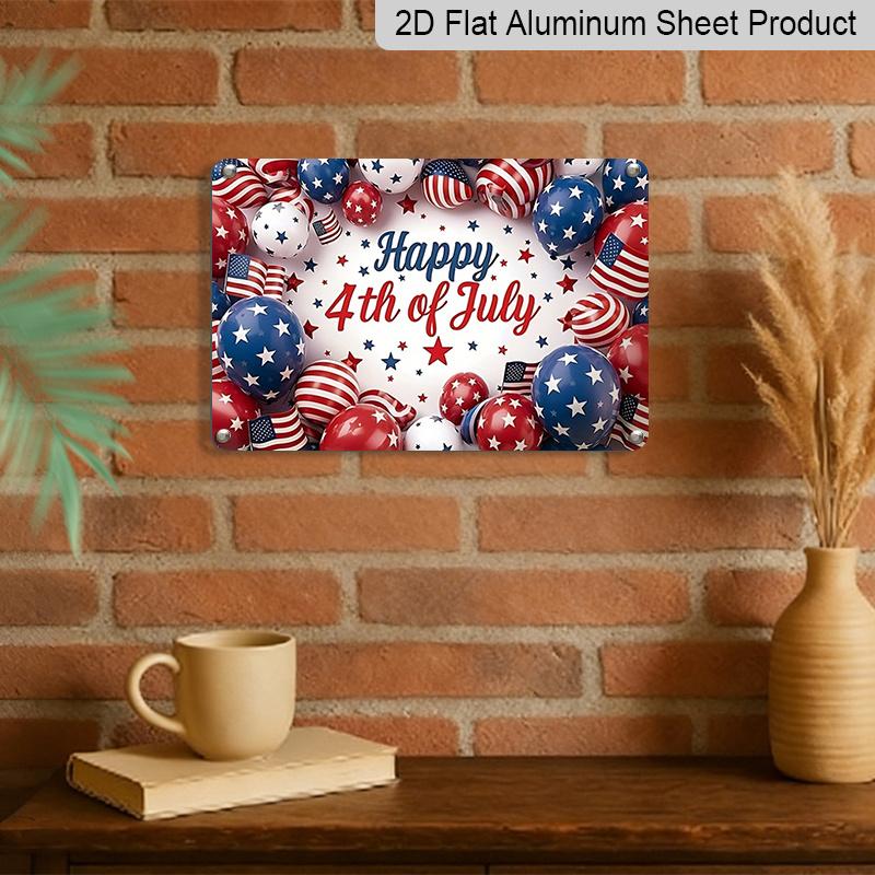 2D Flat, 1pc "Happy Independence Day" Patriotic Plaque, 12"×8" - Red White & Blue Balloon Decor Sign - Aluminium Wall Hanging Decoration for Holiday