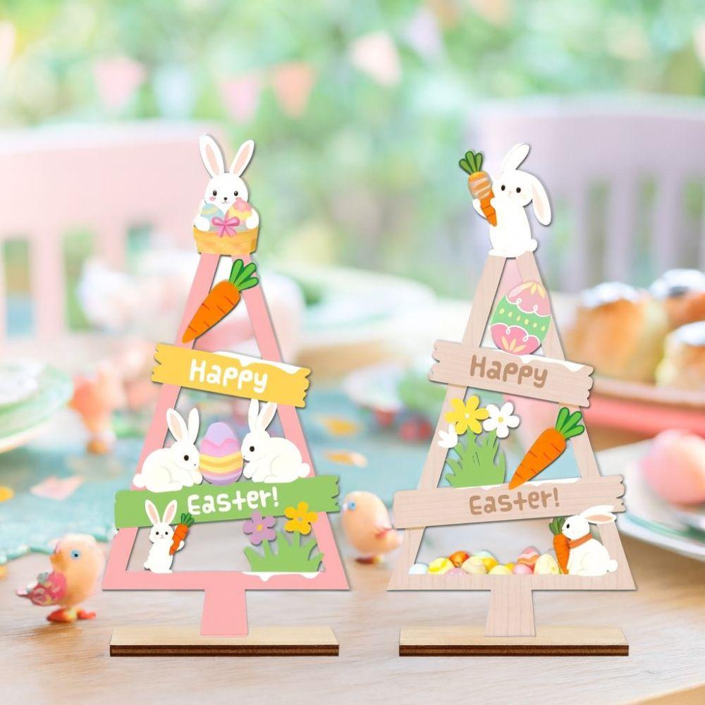 Cartoon Mini Easter Tree Ornament Colorful Blessing Wooden Rabbit Figurines Handmade Easter Desktop Decoration Dining Room