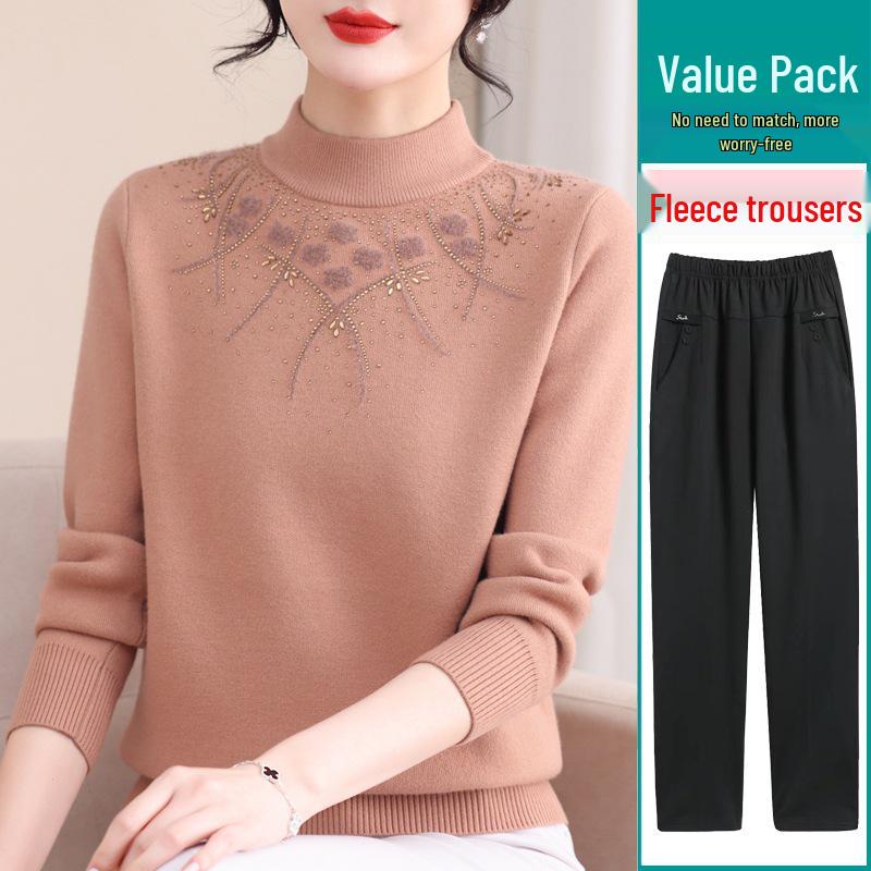 Mom's Fashionable Winter Fleece Sweater for Middle-Aged & Elderly Women: Plus Velvet, Thickened, Warm Base Layer Top