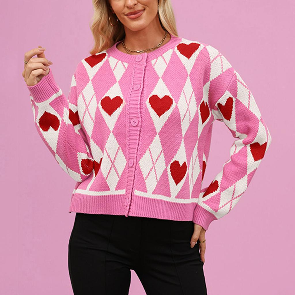 Women's Fashionable Round Neck Long Sleeved Heart-shaped Contrasting Button Casual Sweater Jacket