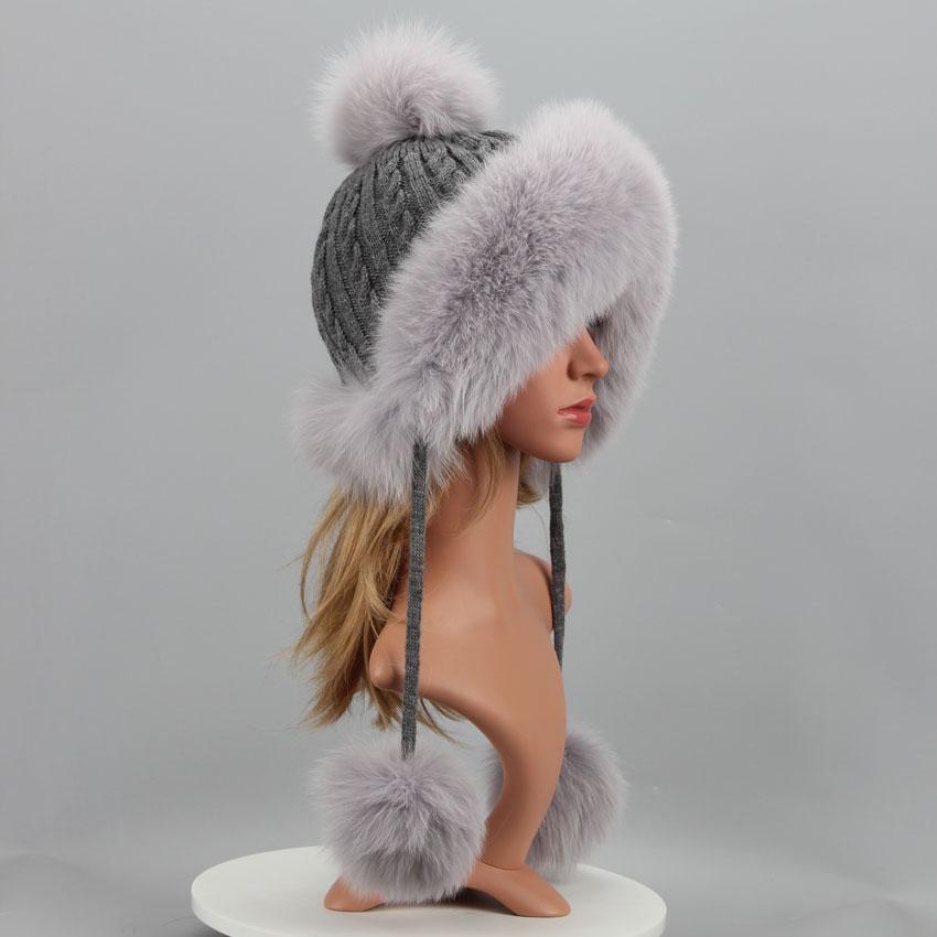 Real Fur Hat For Winter Women'S Hat Natural Fox Fur Russian Ushanka Cap Thick Warm Ears Fashion Bomber Cap Girls Fur Hat Elastic