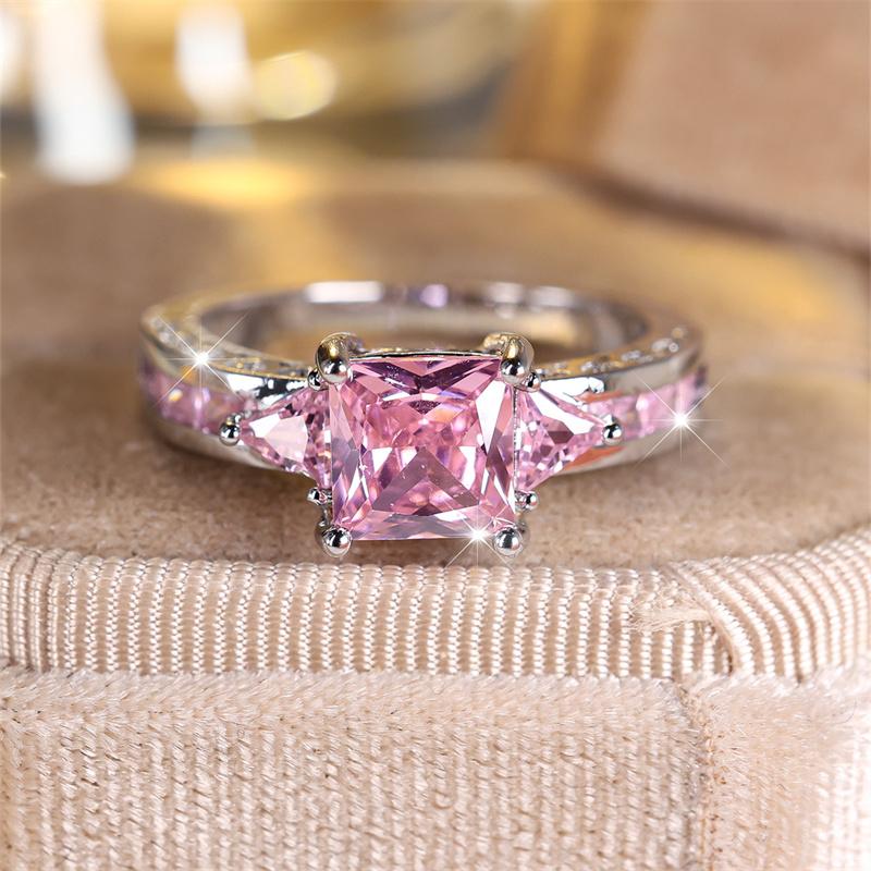 Luxury Female Crystal Pink Stone Ring Trendy Silver Color Engagement Wedding Jewelry