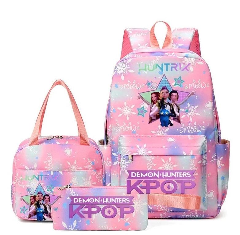 KPOP Nylon 3 Piece Set School Backpack for Students with Cartoon Print Air Cushion Design